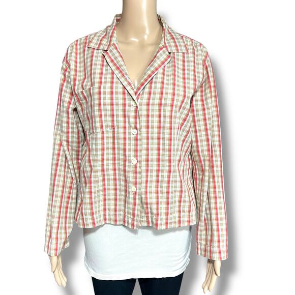 Vintage Dockers Womens Plaid Button Down Blouse Shirt Top Red Brown Medium - Picture 1 of 14